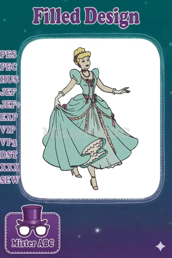 A beautifully detailed embroidery of Cinderella in her iconic blue ball gown, gracefully holding her skirt.