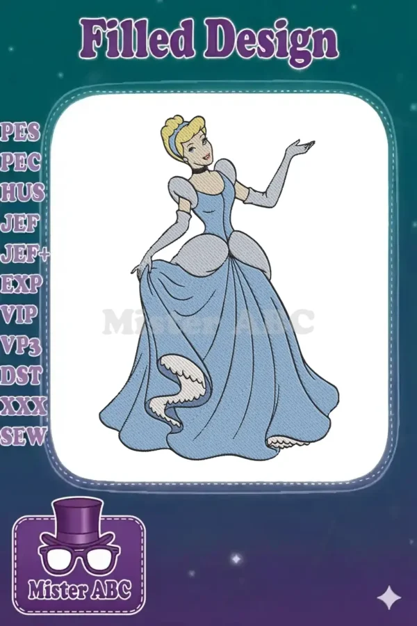 A stunning embroidery design of Cinderella in her light blue ball gown, holding her skirt with an elegant gesture.