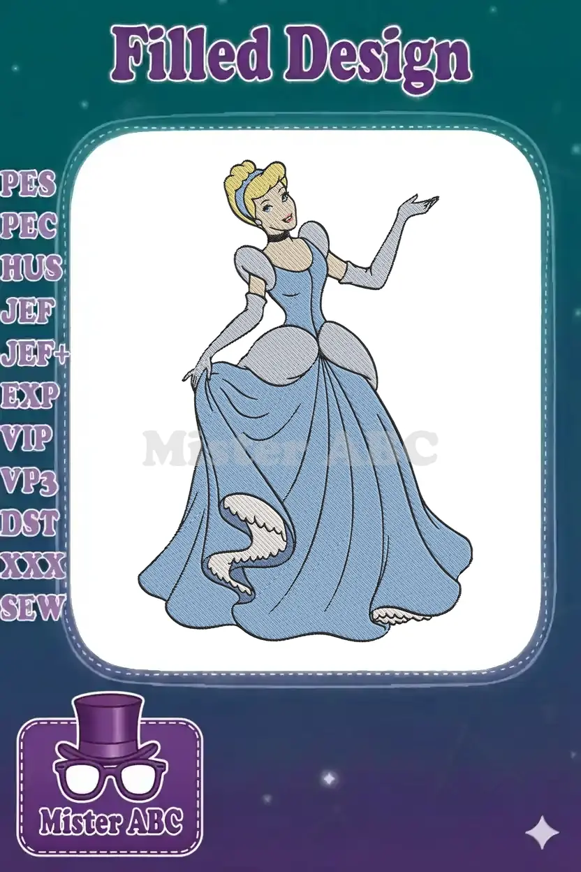 A stunning embroidery design of Cinderella in her light blue ball gown, holding her skirt with an elegant gesture.