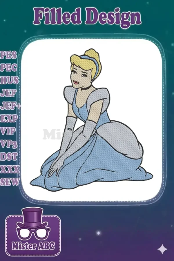 A detailed embroidery design of Cinderella in a light blue gown, kneeling gracefully, with intricate thread work.