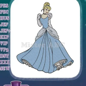 Stunning embroidery design of Cinderella in her iconic blue ball gown, ready to bring fairy tale charm to your crafts.