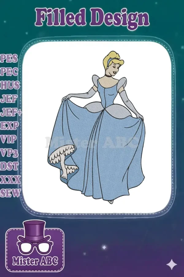 Full-color machine embroidery design of Cinderella in her iconic blue ball gown, holding up her skirt elegantly.