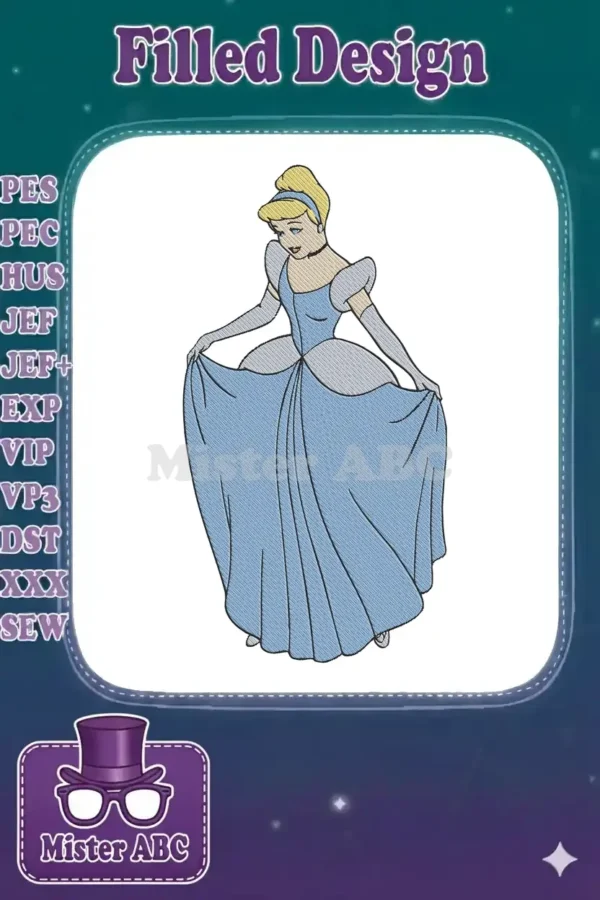 Full-body embroidery of Cinderella in her blue ball gown, gracefully holding up her skirt, ready for a magical event.