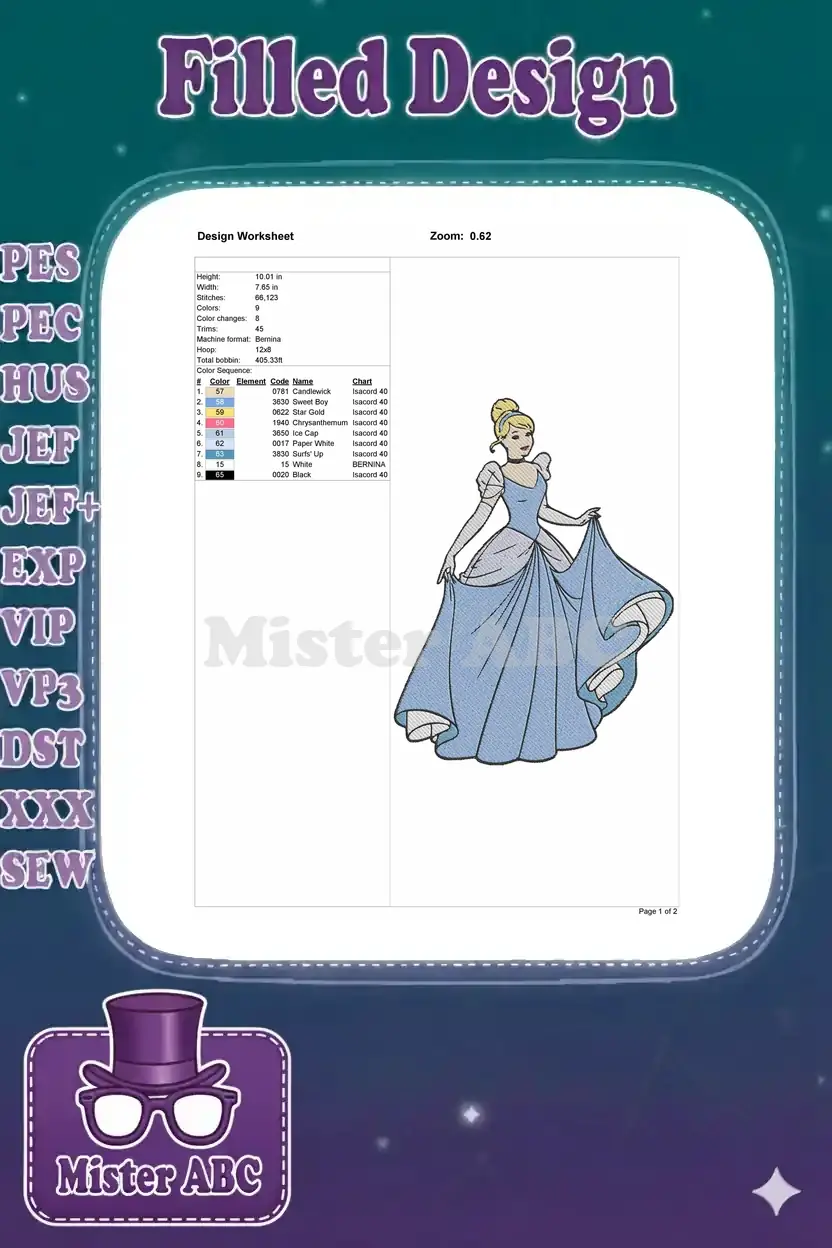 Embroidery design worksheet detailing dimensions, stitch count, color sequence, and machine info.
