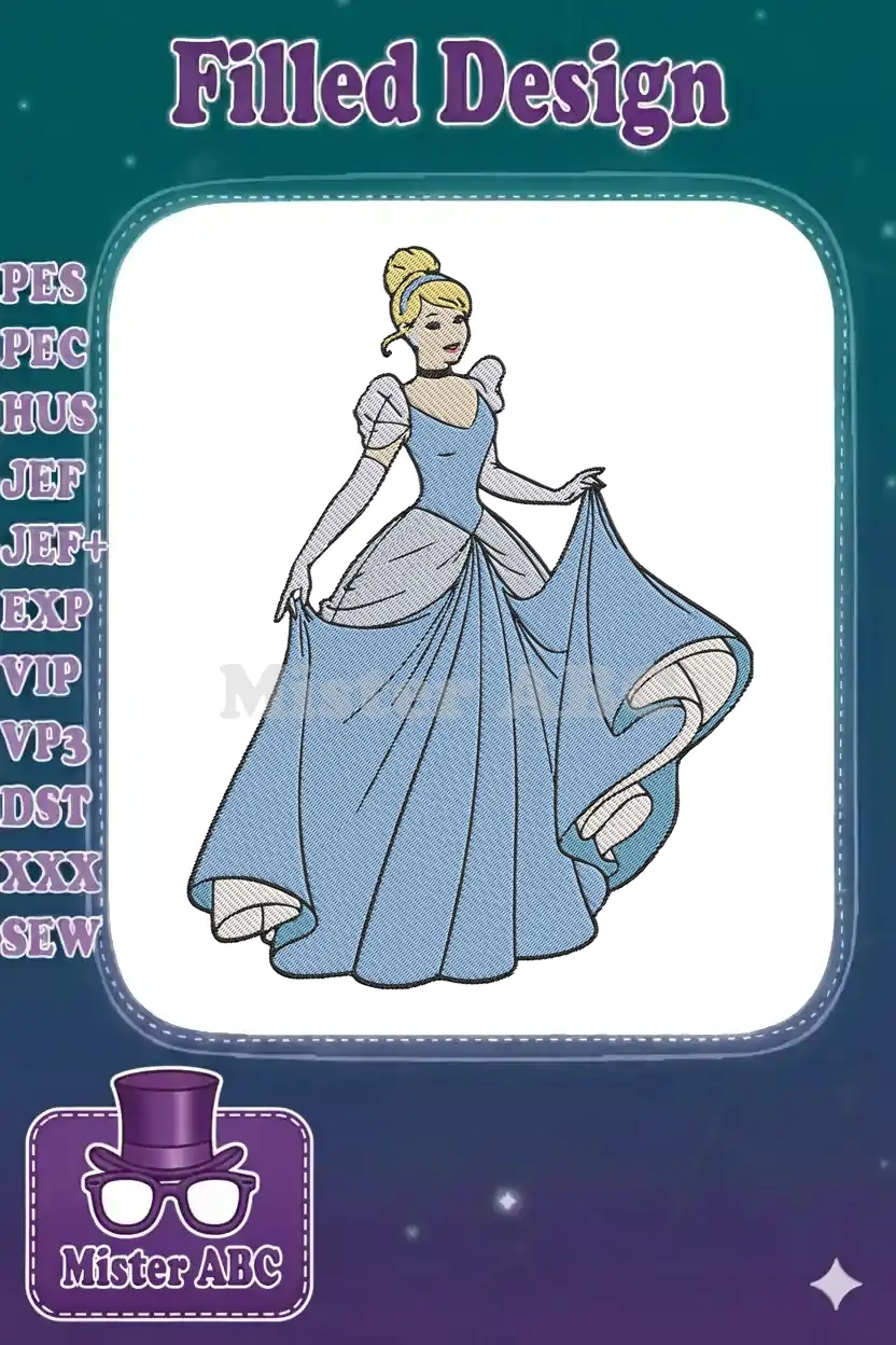 Full-body embroidery of Cinderella in her iconic blue ball gown, gracefully holding up her dress.
