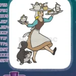 Cinderella maid balancing teapots and cups with Lucifer cat embroidery designs - Instant Download