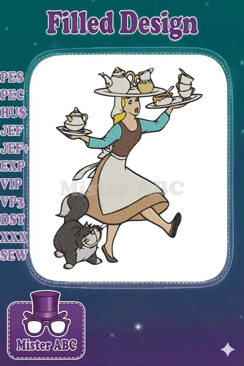 Cinderella in her servant attire, balancing multiple tea sets, with a mischievous Lucifer cat at her feet, a detailed embroidery design.