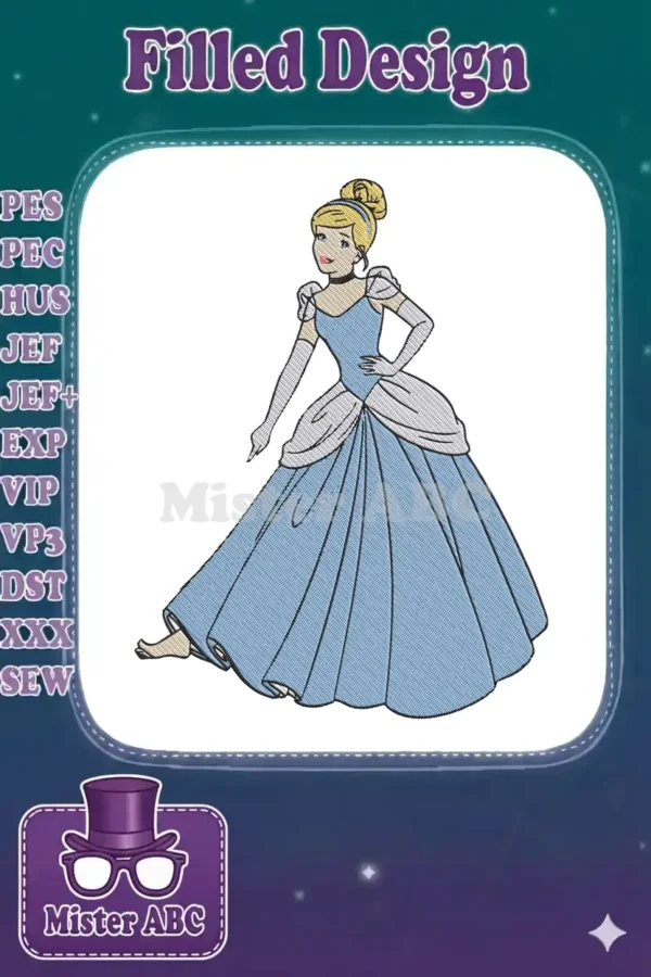 Cinderella in her iconic blue ball gown, a detailed embroidery design with elegant pose and vibrant colors.