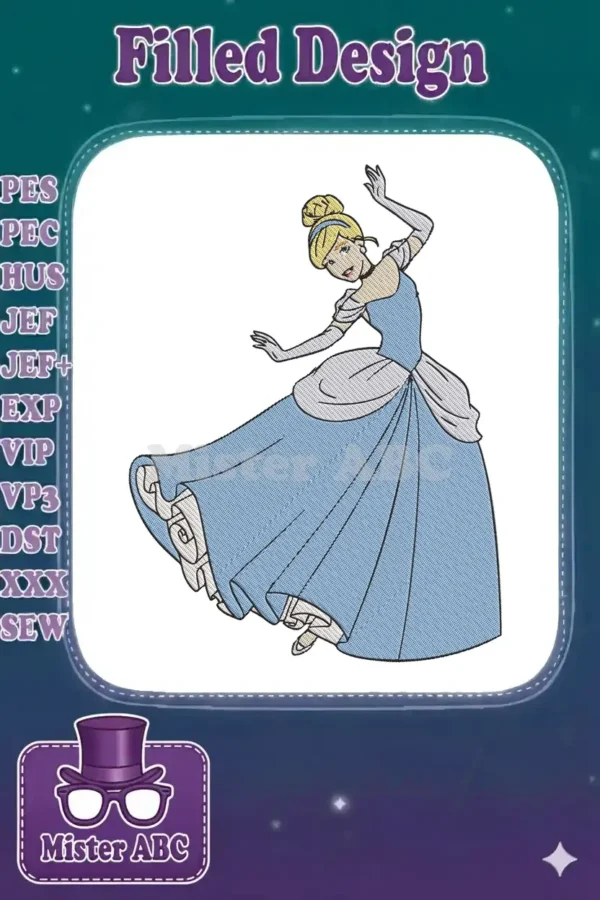 Full view of a vibrant Cinderella embroidery design, showcasing her in a blue ball gown with elegant dancing pose on white.
