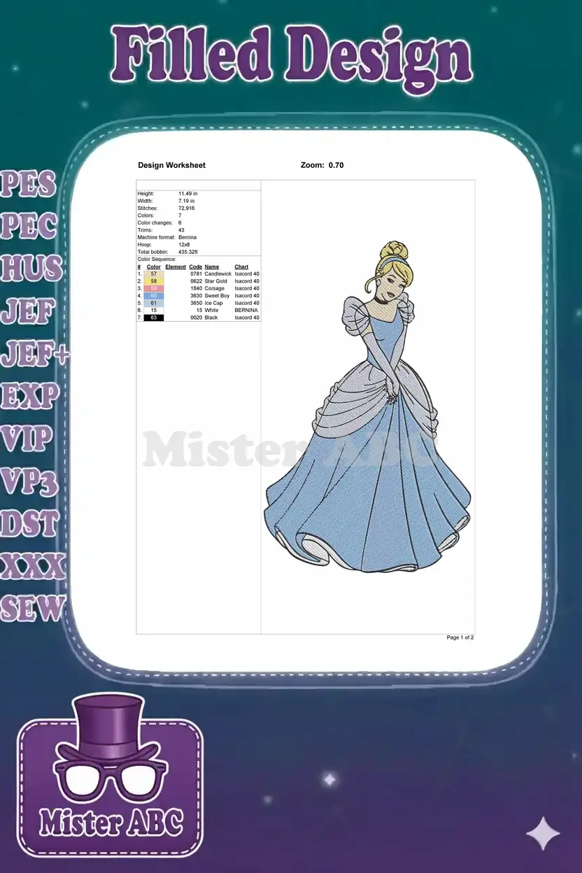 Detailed embroidery design worksheet for Cinderella, showing stitch count, dimensions, and color sequence information.