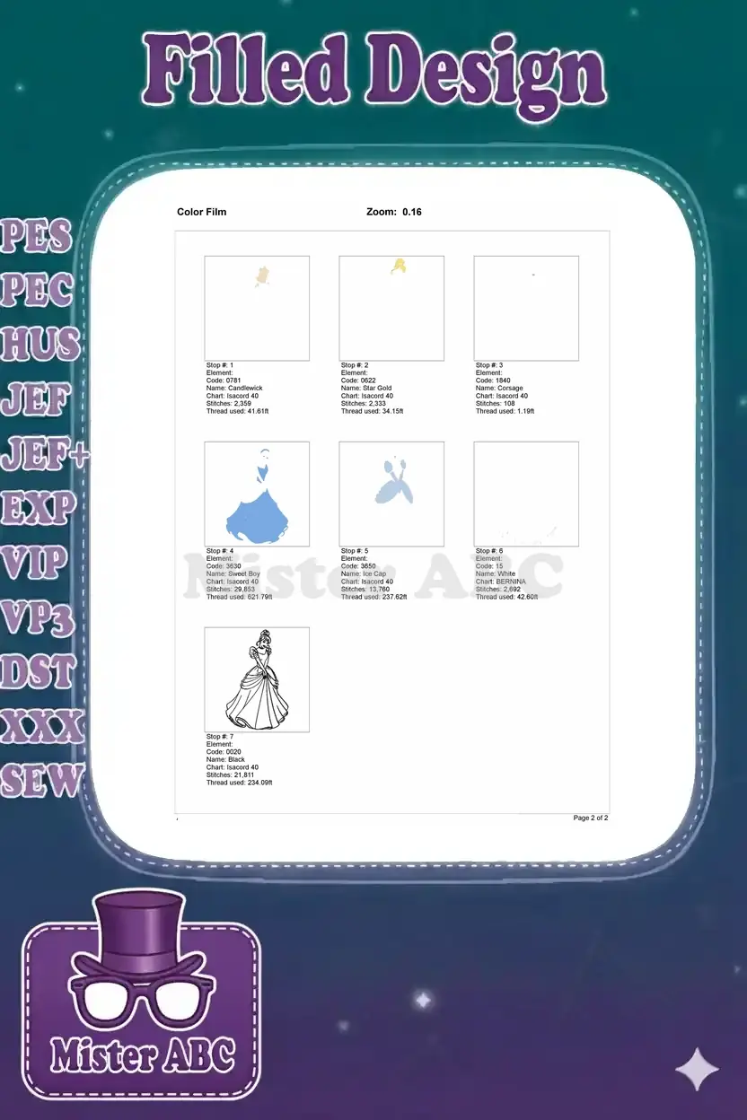 Cinderella embroidery color film showing the precise stitching order and thread usage for each color element.