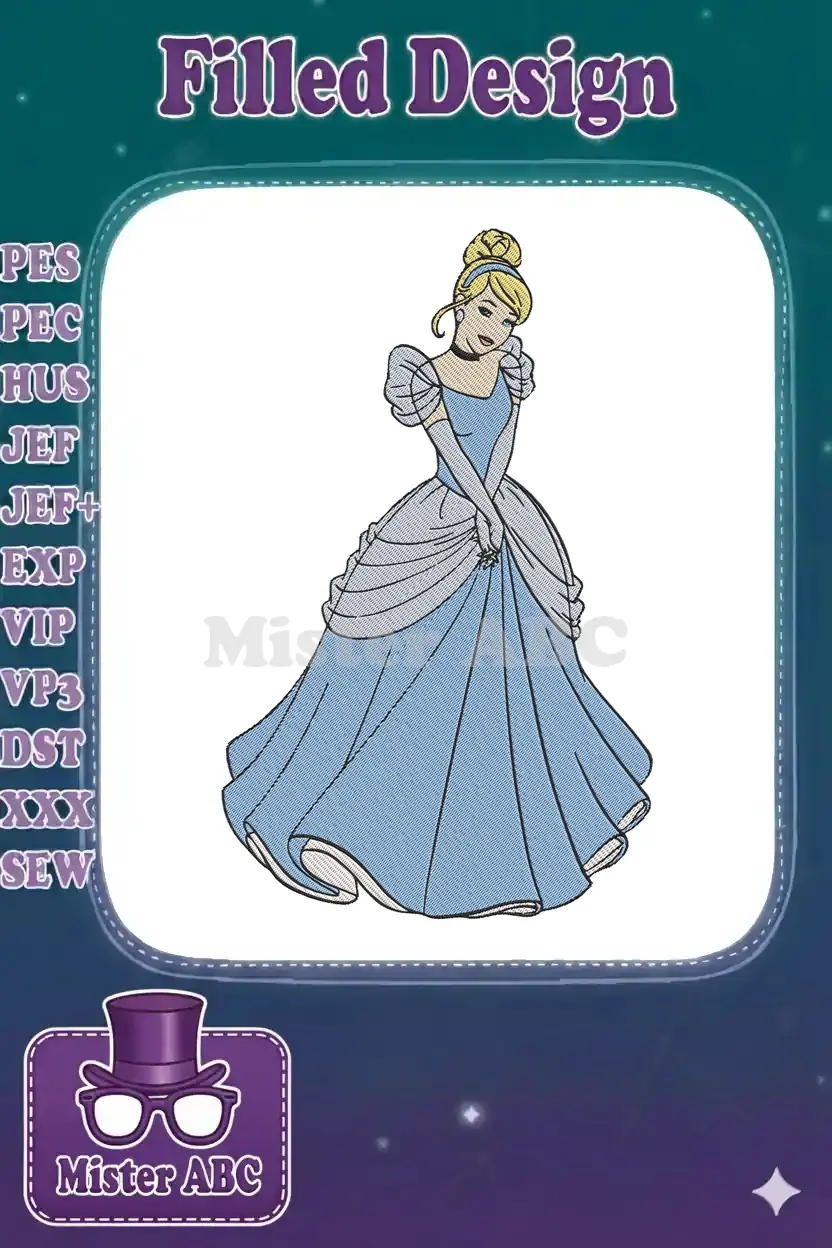 A stunning embroidery design of Cinderella in her iconic blue ball gown, gracefully posed, ready to add magic to projects.