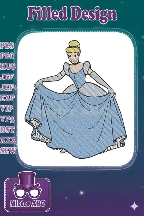 Detailed embroidery of Cinderella in her iconic blue ball gown, gracefully holding her dress, ready for any royal event.