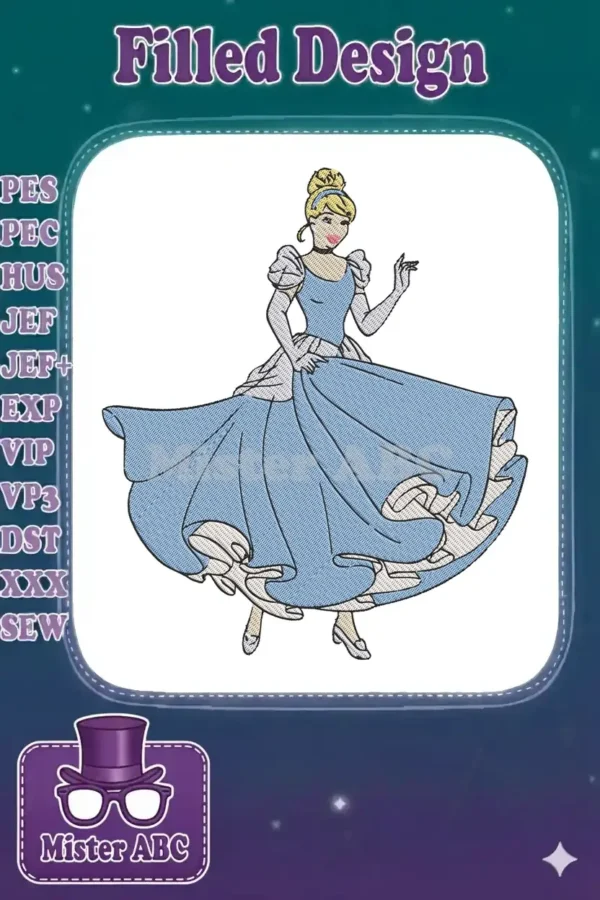 Full-body embroidery design of Cinderella in her iconic blue ball gown, gracefully posing with flowing skirt.