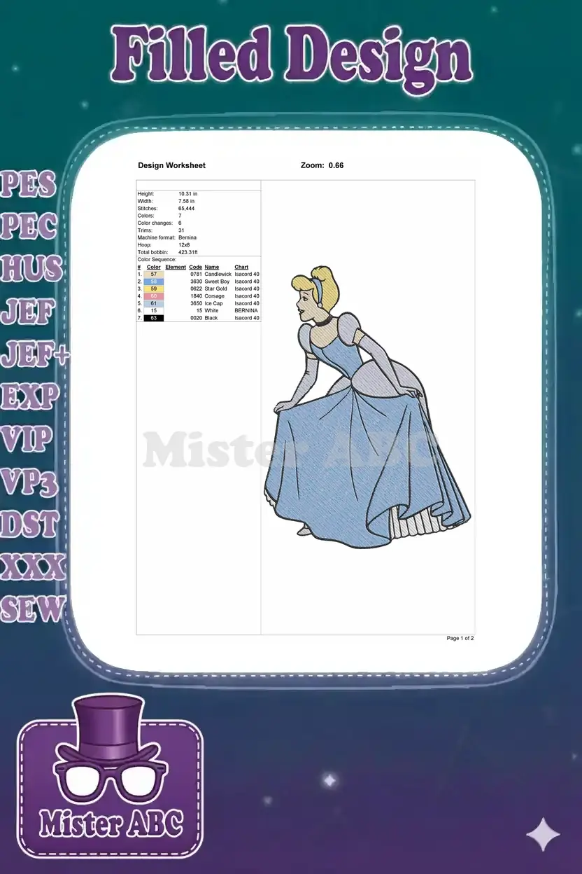 Detailed embroidery design worksheet for Cinderella, showing dimensions, stitch count, color sequence, and machine compatibility.
