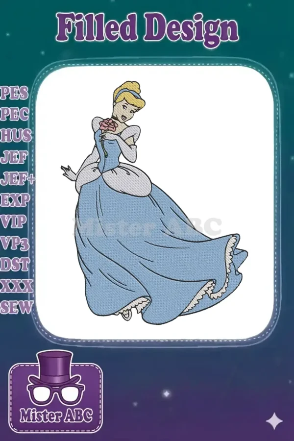 Full-color embroidery of Cinderella in her iconic blue ball gown, holding a pink rose, exuding elegance and grace.