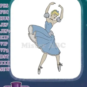 Cinderella ballerina embroidery design in a graceful dance pose, wearing a flowing blue gown and ballet slippers.