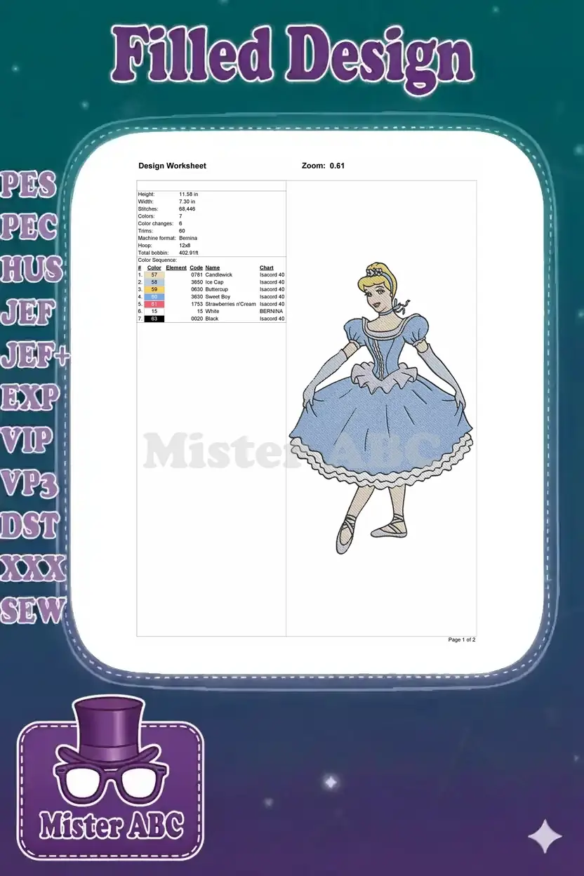 Detailed embroidery design worksheet for Cinderella, displaying dimensions, stitch count, and color sequence.