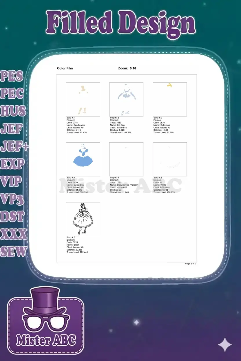 Embroidery color film breakdown for Cinderella design, showing each stitch layer and thread sequence in detail.