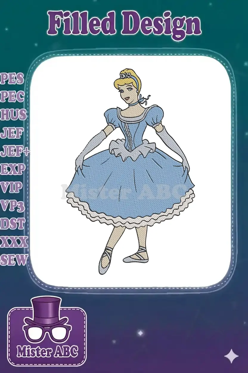 Elegant Cinderella embroidery design, featuring her iconic blue ball gown and a graceful pose, ready for magic.