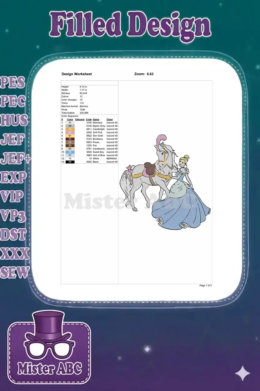 A detailed embroidery design worksheet displaying stitch count, dimensions, color sequence, and thread codes for seamless crafting.