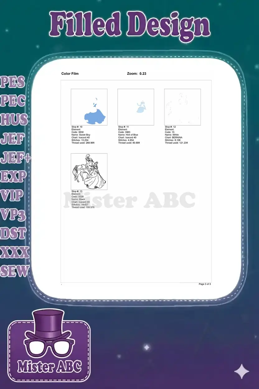 Page 3 of the color film, detailing the final stitch elements, thread usage, and the crucial black outline for the design.