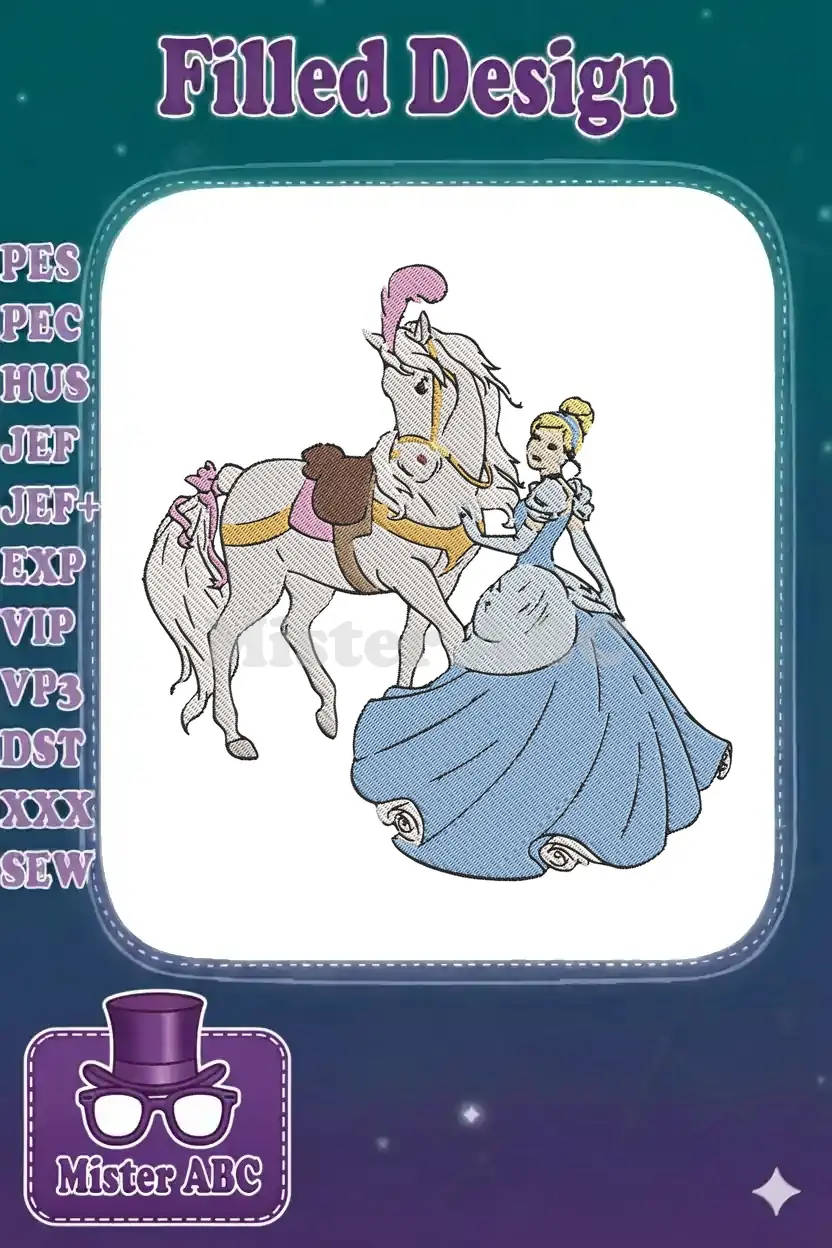 Cinderella in her iconic blue ball gown standing gracefully beside her white horse, ready for a magical journey. Detailed embroidery design.