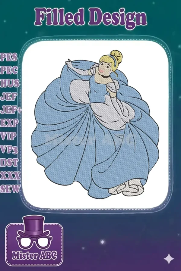 Vibrant Cinderella embroidery design in a beautiful blue ball gown, ready to bring fairy tale charm to textiles.