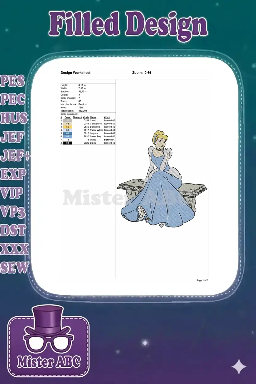 Embroidery design worksheet for Cinderella, detailing stitch count, colors, dimensions, and thread sequence.