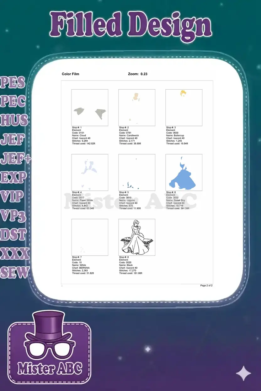 Detailed color film showing the step-by-step embroidery process for the Cinderella design, layer by layer.