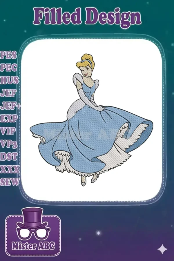 Elegant Cinderella embroidery design showcasing her iconic blue ball gown and graceful pose, ready for your next project.