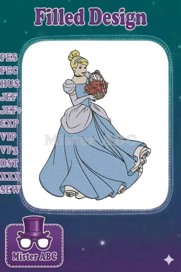 Full-color embroidery design of Cinderella in her iconic blue ball gown, holding a basket of vibrant red and pink roses.