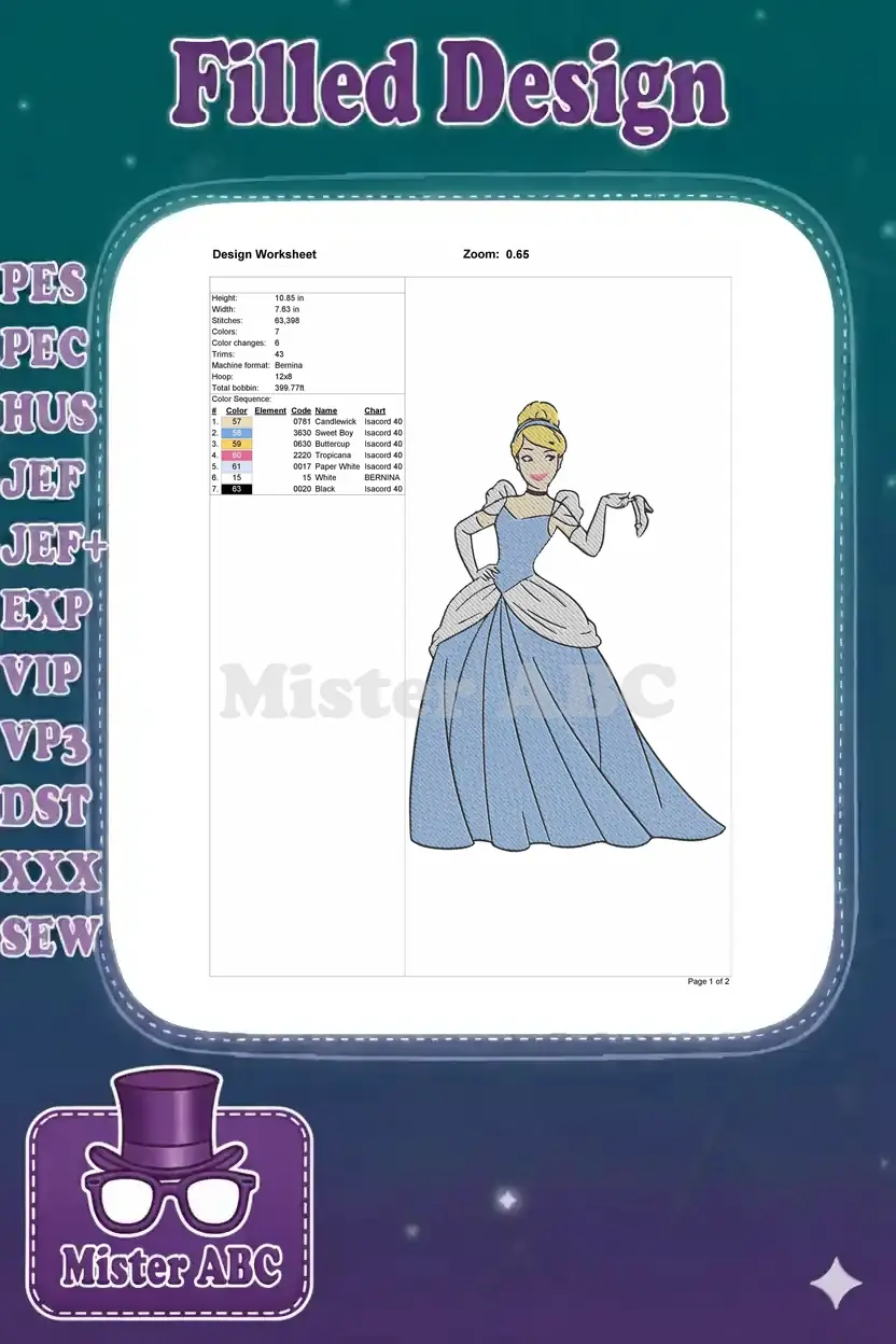 Detailed embroidery design worksheet for Cinderella, displaying height, width, stitch count, colors, and hoop size.