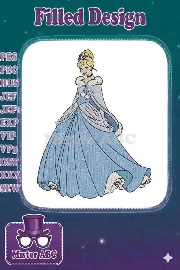 Elegant Cinderella embroidery design featuring her iconic blue ball gown and a fur-trimmed cape, full of detail.