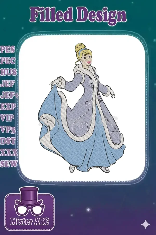 Cinderella in an elegant lavender winter coat with fur trim, holding her light blue gown, ready for a winter ball.