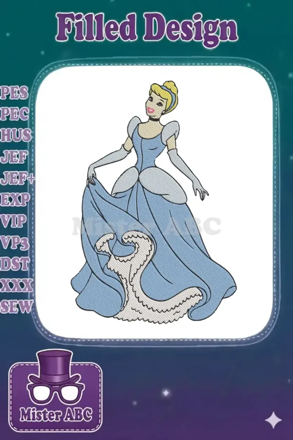 Elegant Cinderella embroidery design in a blue ball gown, holding her skirt, featuring detailed fill stitches.