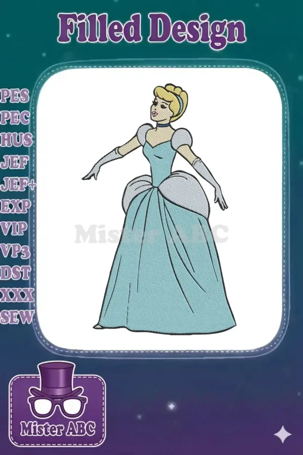 A beautiful machine embroidery design featuring Cinderella in her iconic blue ball gown, ready for magical projects.