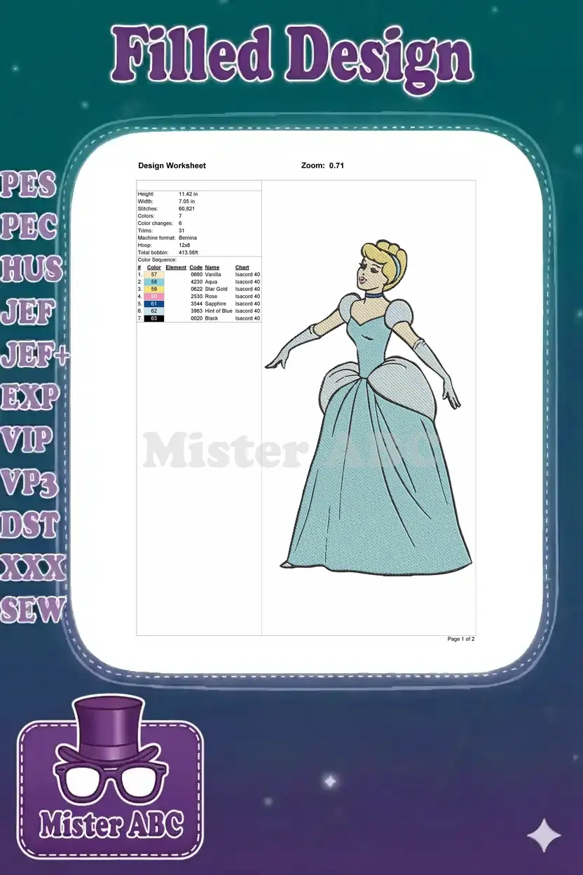 Embroidery design worksheet for Cinderella, detailing dimensions, stitch count, color sequence, and machine info.