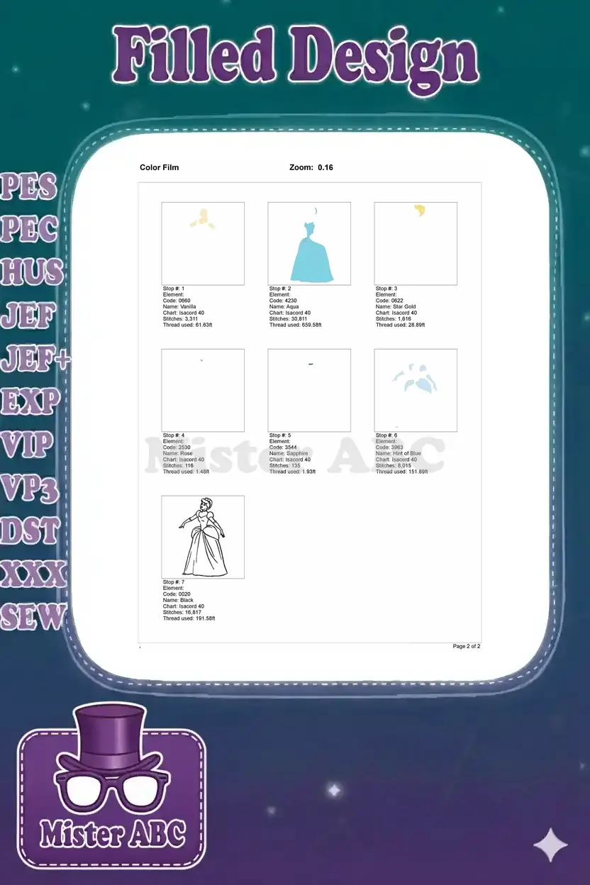 Color film breakdown for Cinderella embroidery, showing individual stitch elements and thread usage per step.