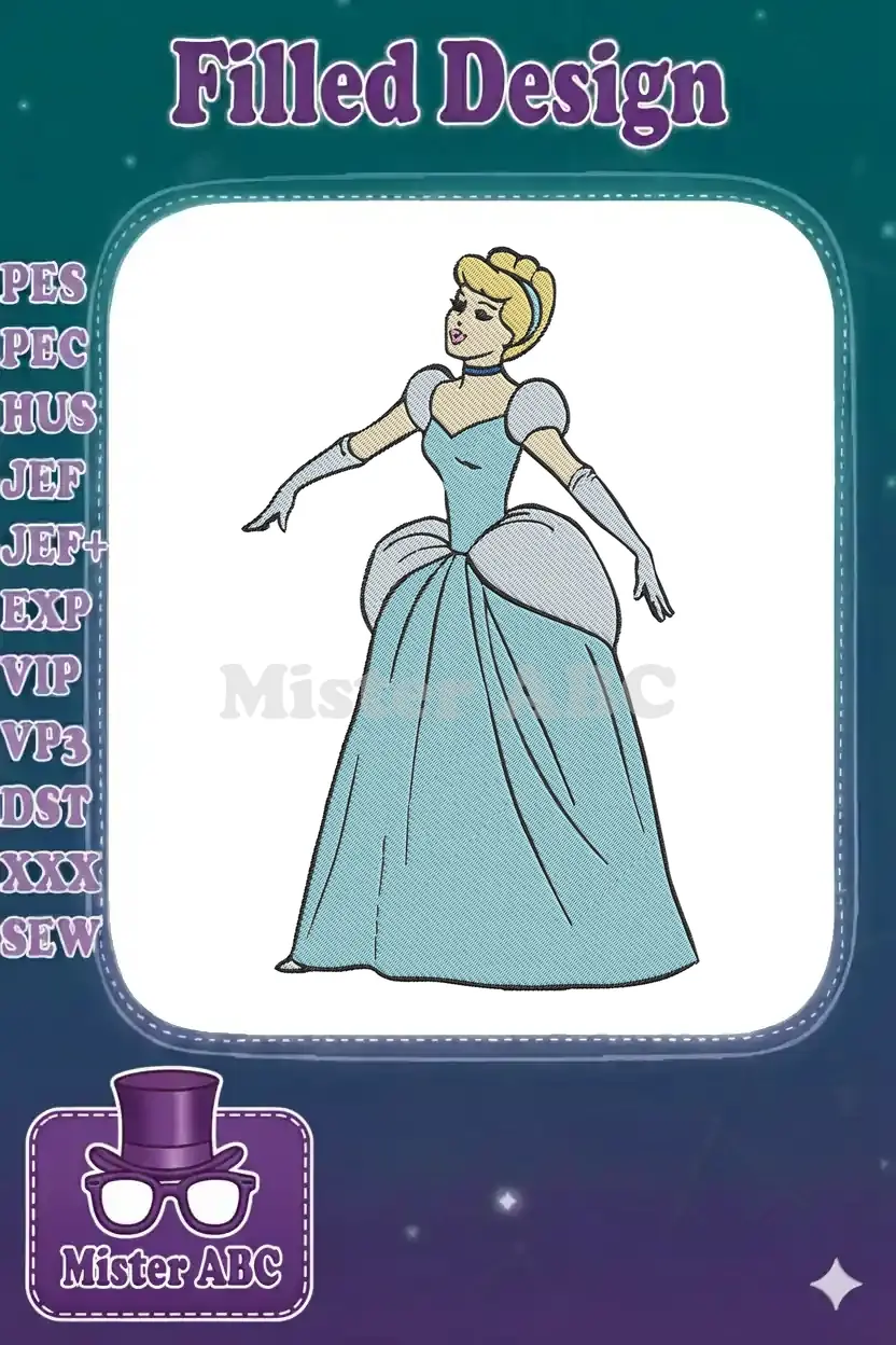 A beautiful machine embroidery design featuring Cinderella in her iconic blue ball gown, ready for magical projects.