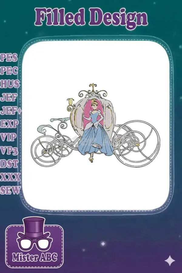 A detailed embroidery design of Cinderella in her elegant pumpkin carriage, featuring a beautiful blue gown and intricate gold accents.