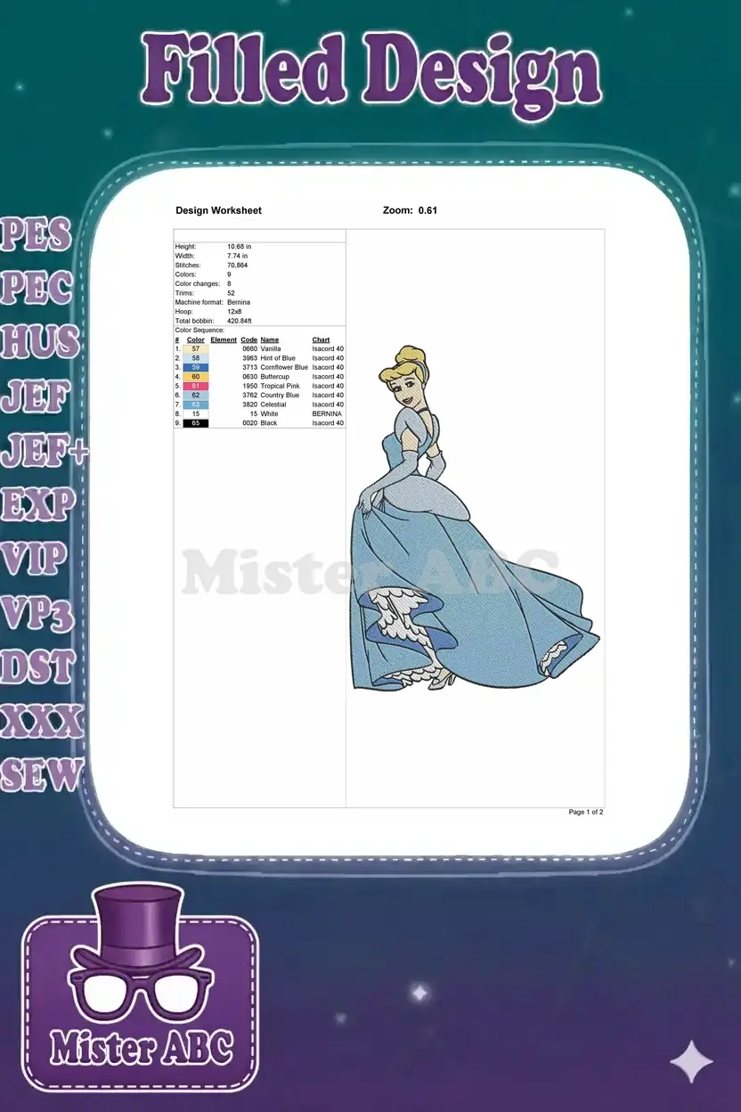 Detailed embroidery design worksheet for Cinderella, showing dimensions, stitch count, and color sequence.