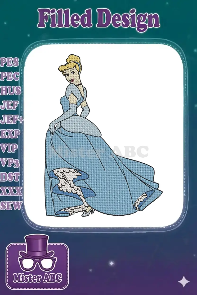 Stunning Cinderella embroidery design in her iconic blue ball gown, gracefully looking over her shoulder.