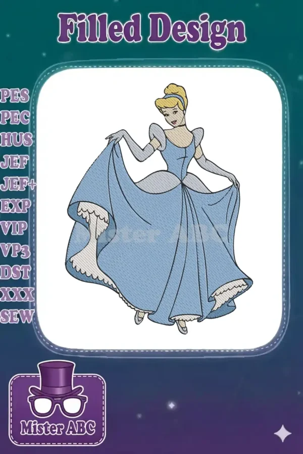 Full-body embroidery design of Cinderella in her iconic blue ball gown, gracefully holding her skirt, on a white background.