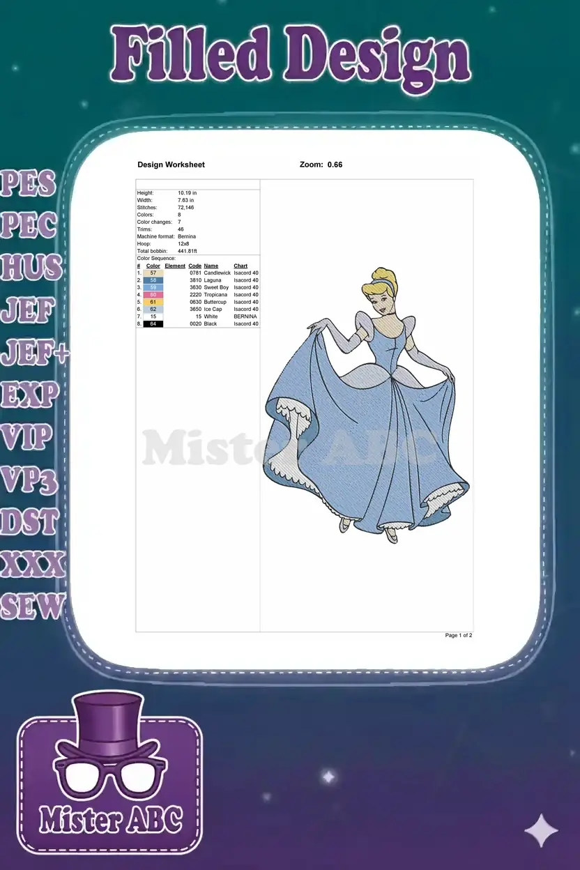 Embroidery design worksheet showing dimensions, stitch count, color changes, and a smaller image of Cinderella's design.