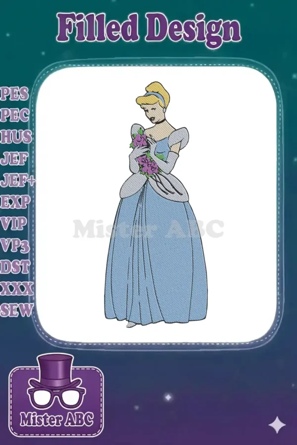 Full-body embroidery design of Cinderella in her blue ball gown, holding a bouquet of purple flowers. Elegant and detailed.