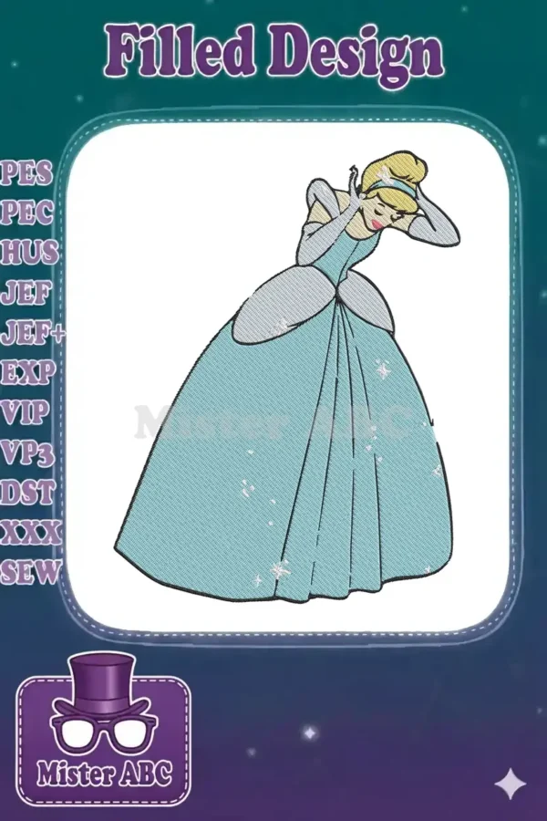 Elegant Cinderella embroidery design, featuring the princess in her iconic blue ball gown with a graceful, shy posture.