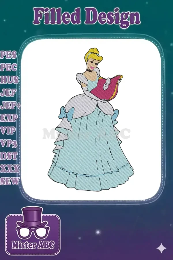 A beautiful embroidery design of Cinderella in her light blue ball gown, holding a pink storybook, with elegant details.