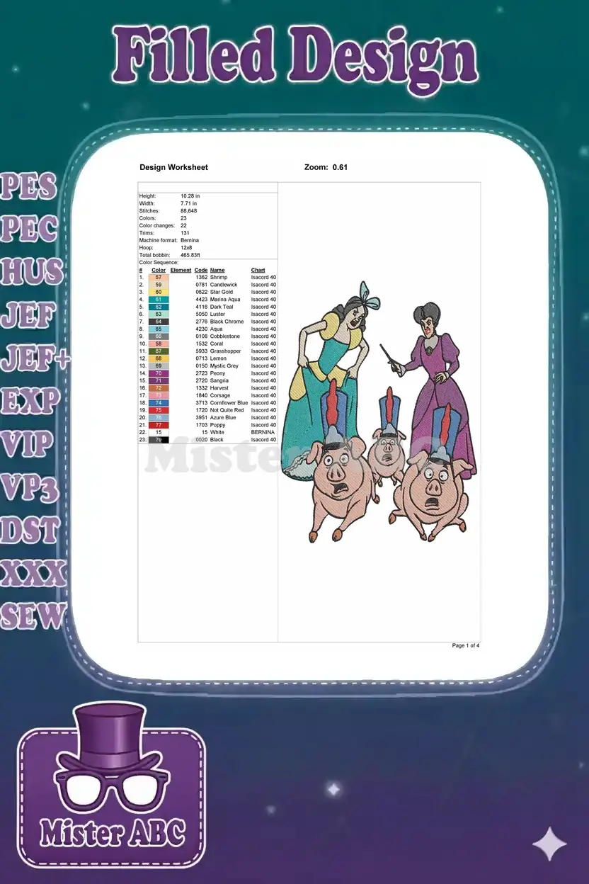 Detailed embroidery design worksheet showing dimensions, stitch count, color sequence, thread names, and a small design preview.