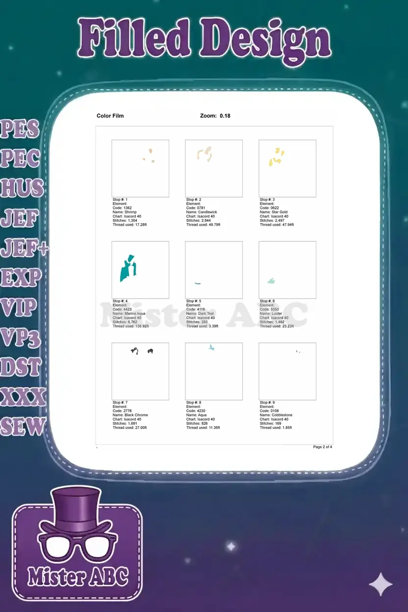 First page of the color film, illustrating the initial nine color stops of the embroidery design as individual components.